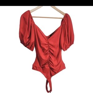 New Lulus Ruche to You Red Ruched Puff Sleeve Bodysuit Women's Size XL